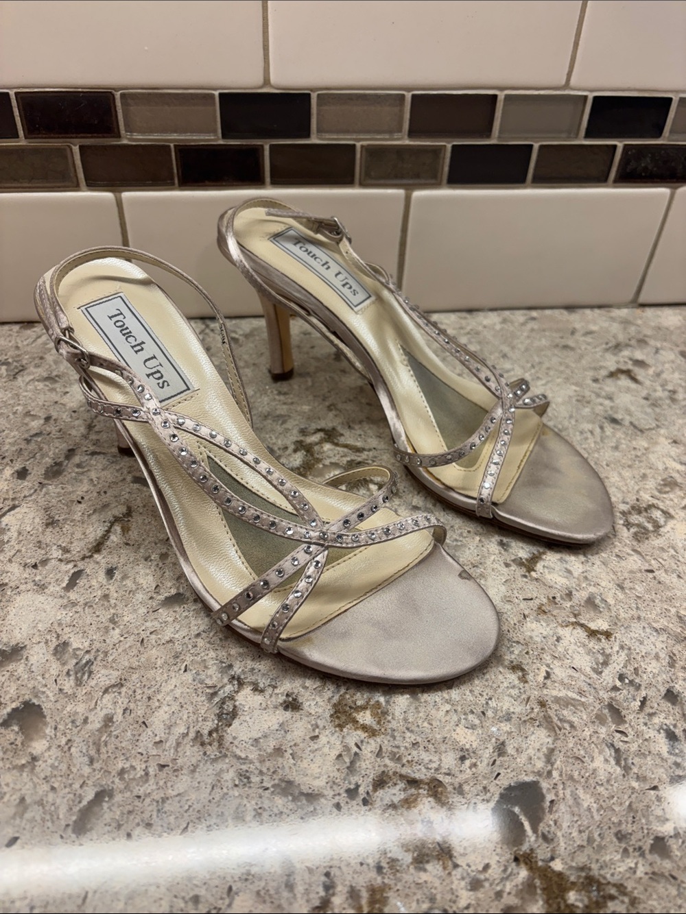 Touch Ups Silver Rhinestone Strappy Slingback Heels